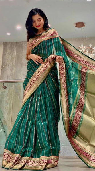 Mayawye Women's Soft Litchi Silk Jacquard Work Saree With Unstitched Blouse 5.5Mtr (Green)