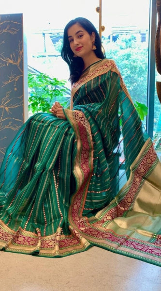 Mayawye Women's Soft Litchi Silk Jacquard Work Saree With Unstitched Blouse 5.5Mtr (Green)