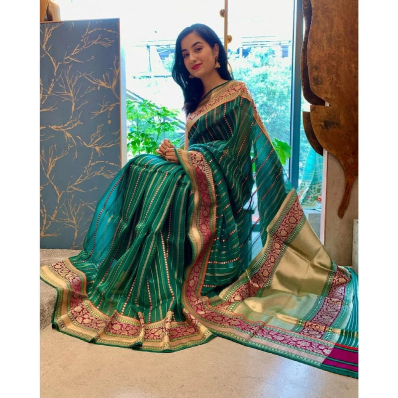 Mayawye Women's Soft Litchi Silk Jacquard Work Saree With Unstitched Blouse 5.5Mtr (Green)