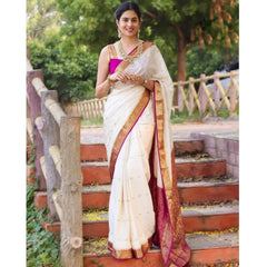 Mayawye Women's Soft Litchi Silk Jacquard Work Saree With Unstitched Blouse 5.5Mtr (White)