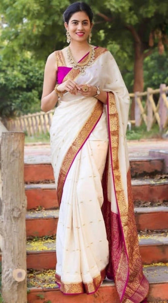 Mayawye Women's Soft Litchi Silk Jacquard Work Saree With Unstitched Blouse 5.5Mtr (White)