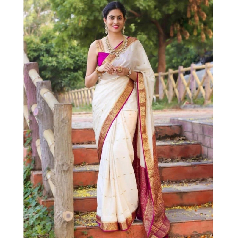Mayawye Women's Soft Litchi Silk Jacquard Work Saree With Unstitched Blouse 5.5Mtr (White)