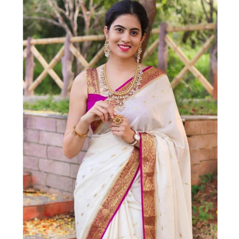 Mayawye Women's Soft Litchi Silk Jacquard Work Saree With Unstitched Blouse 5.5Mtr (White)