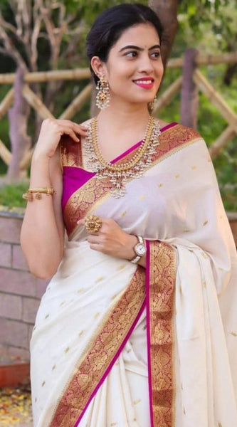 Mayawye Women's Soft Litchi Silk Jacquard Work Saree With Unstitched Blouse 5.5Mtr (White)