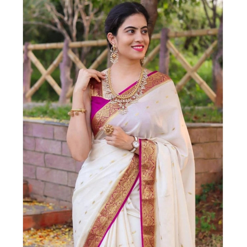 Mayawye Women's Soft Litchi Silk Jacquard Work Saree With Unstitched Blouse 5.5Mtr (White)