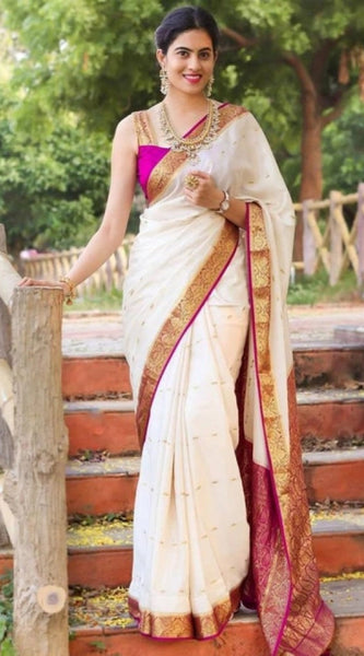 Mayawye Women's Soft Litchi Silk Jacquard Work Saree With Unstitched Blouse 5.5Mtr (White)