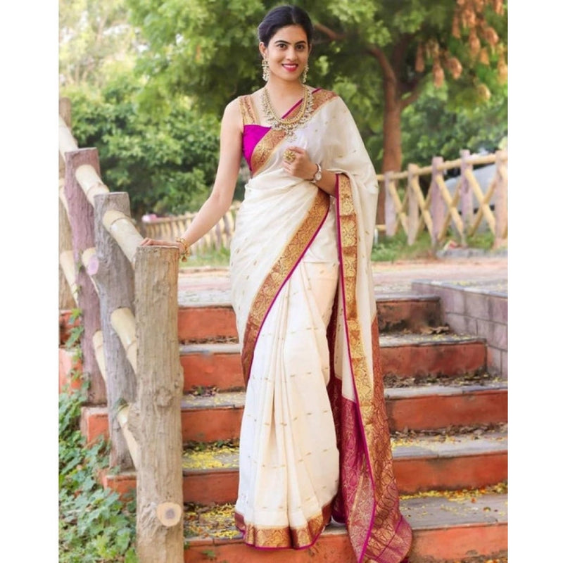 Mayawye Women's Soft Litchi Silk Jacquard Work Saree With Unstitched Blouse 5.5Mtr (White)