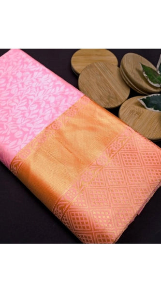 Mayawye Women's Soft Litchi Silk Jacquard Work Saree With Unstitched Blouse 5.5Mtr (Pink)