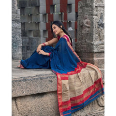 Mayawye Women's Soft Litchi Silk Jacquard Work Saree With Unstitched Blouse 5.5Mtr (Blue)