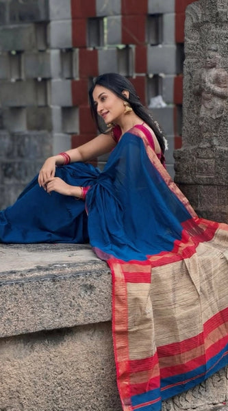 Mayawye Women's Soft Litchi Silk Jacquard Work Saree With Unstitched Blouse 5.5Mtr (Blue)