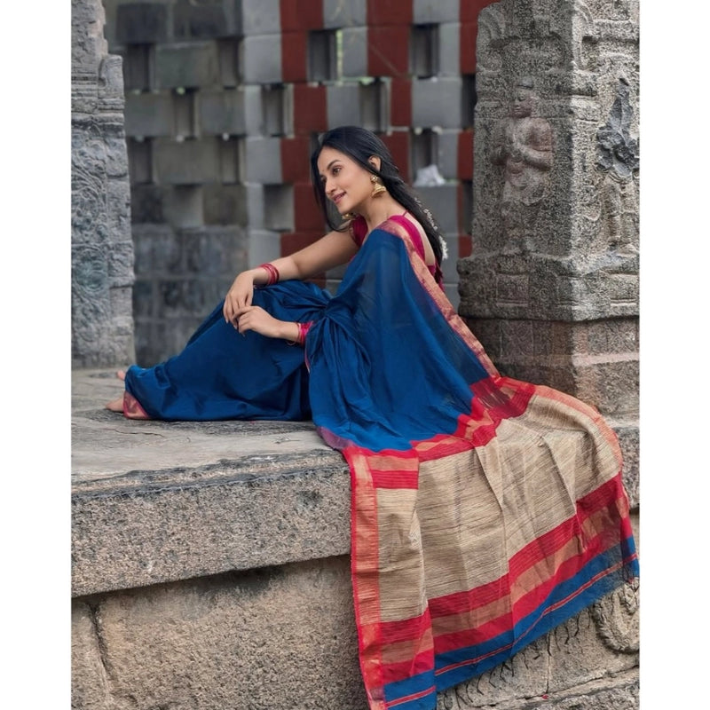 Mayawye Women's Soft Litchi Silk Jacquard Work Saree With Unstitched Blouse 5.5Mtr (Blue)