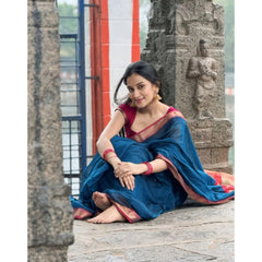 Mayawye Women's Soft Litchi Silk Jacquard Work Saree With Unstitched Blouse 5.5Mtr (Blue)