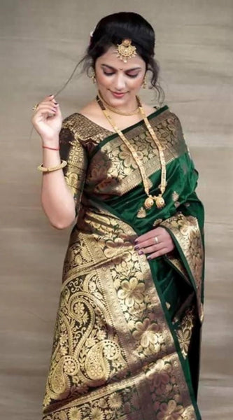 Mayawye Women's Soft Litchi Silk Jacquard Work Saree With Unstitched Blouse 5.5Mtr (Green)