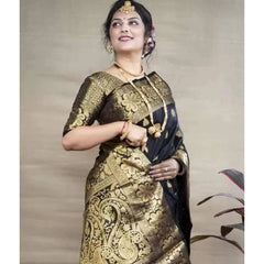 Mayawye Women's Soft Litchi Silk Jacquard Work Saree With Unstitched Blouse 5.5Mtr (Black)