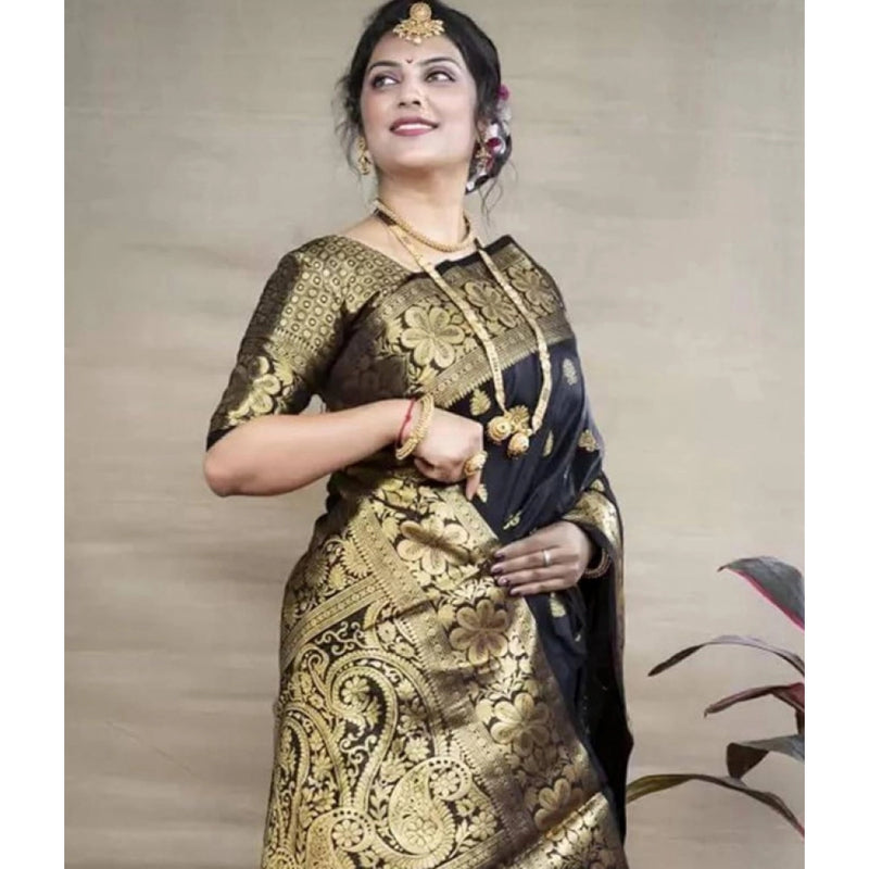 Mayawye Women's Soft Litchi Silk Jacquard Work Saree With Unstitched Blouse 5.5Mtr (Black)