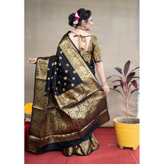Mayawye Women's Soft Litchi Silk Jacquard Work Saree With Unstitched Blouse 5.5Mtr (Black)