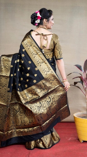 Mayawye Women's Soft Litchi Silk Jacquard Work Saree With Unstitched Blouse 5.5Mtr (Black)