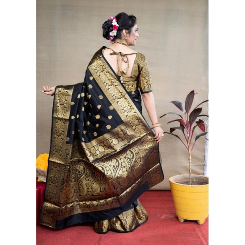 Mayawye Women's Soft Litchi Silk Jacquard Work Saree With Unstitched Blouse 5.5Mtr (Black)