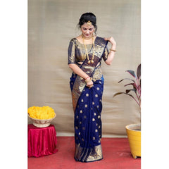 Mayawye Women's Soft Litchi Silk Jacquard Work Saree With Unstitched Blouse 5.5Mtr (Blue)