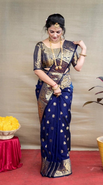 Mayawye Women's Soft Litchi Silk Jacquard Work Saree With Unstitched Blouse 5.5Mtr (Blue)
