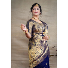 Mayawye Women's Soft Litchi Silk Jacquard Work Saree With Unstitched Blouse 5.5Mtr (Blue)