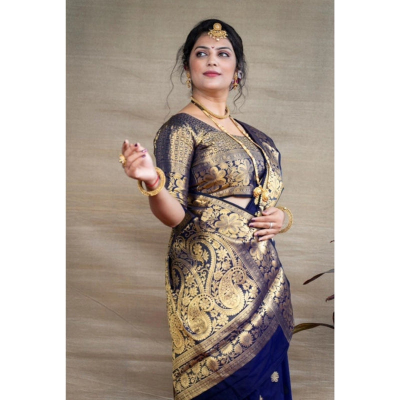 Mayawye Women's Soft Litchi Silk Jacquard Work Saree With Unstitched Blouse 5.5Mtr (Blue)