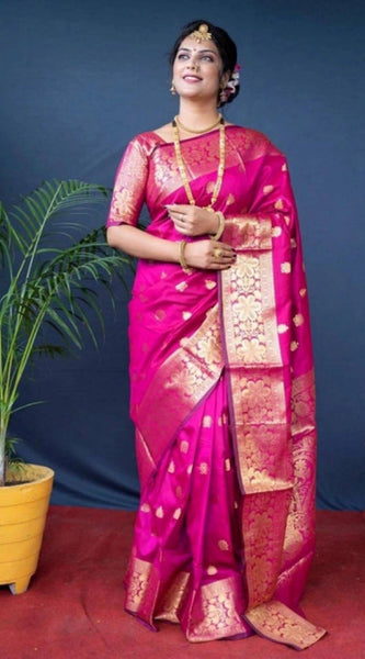 Mayawye Women's Soft Litchi Silk Jacquard Work Saree With Unstitched Blouse 5.5Mtr (Pink)