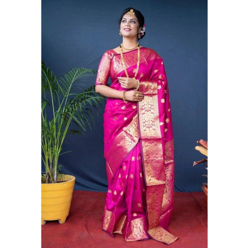 Mayawye Women's Soft Litchi Silk Jacquard Work Saree With Unstitched Blouse 5.5Mtr (Pink)