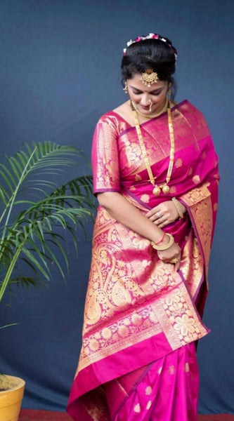 Mayawye Women's Soft Litchi Silk Jacquard Work Saree With Unstitched Blouse 5.5Mtr (Pink)