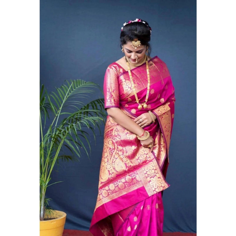 Mayawye Women's Soft Litchi Silk Jacquard Work Saree With Unstitched Blouse 5.5Mtr (Pink)
