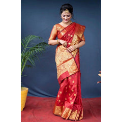 Mayawye Women's Soft Litchi Silk Jacquard Work Saree With Unstitched Blouse 5.5Mtr (Red)