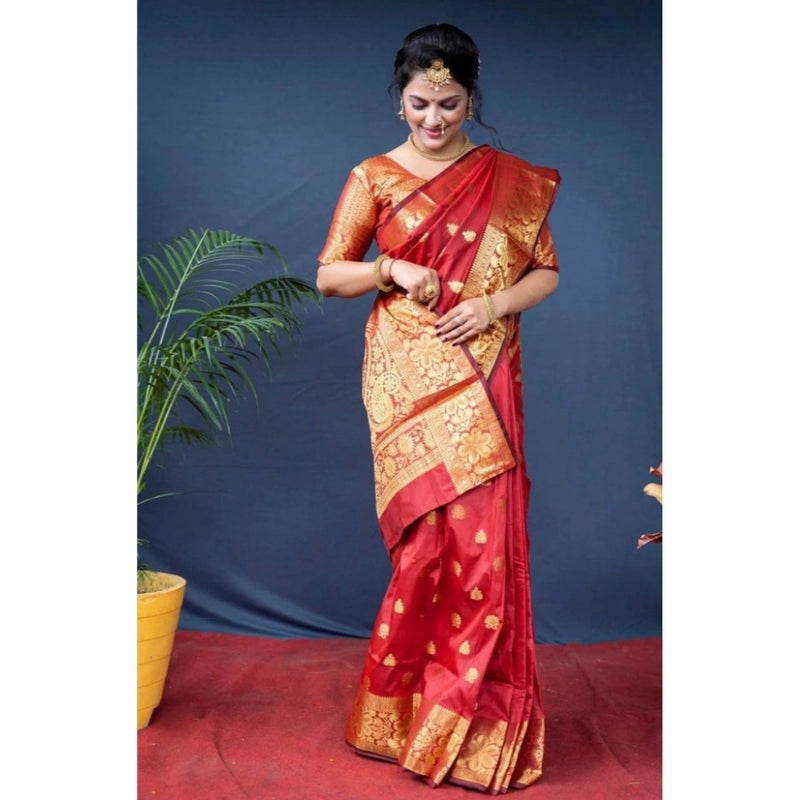 Mayawye Women's Soft Litchi Silk Jacquard Work Saree With Unstitched Blouse 5.5Mtr (Red)