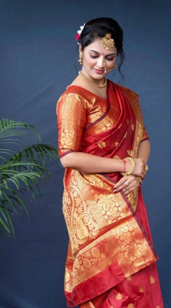 Mayawye Women's Soft Litchi Silk Jacquard Work Saree With Unstitched Blouse 5.5Mtr (Red)