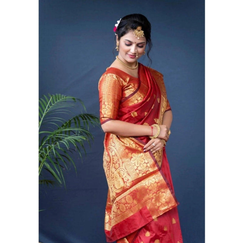 Mayawye Women's Soft Litchi Silk Jacquard Work Saree With Unstitched Blouse 5.5Mtr (Red)
