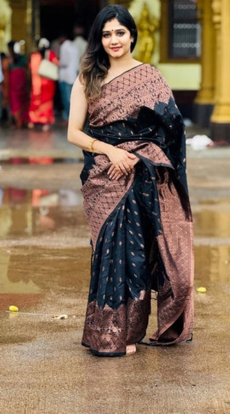 Mayawye Women's Soft Litchi Silk Jacquard Work Saree With Unstitched Blouse 5.5Mtr (Black)