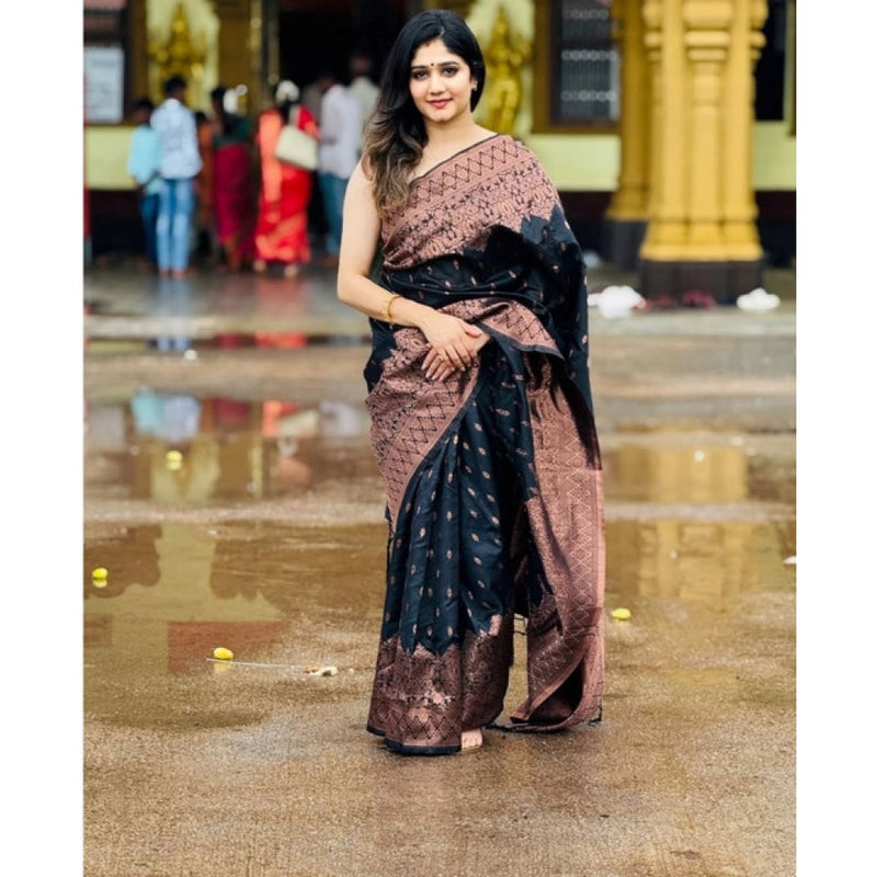 Mayawye Women's Soft Litchi Silk Jacquard Work Saree With Unstitched Blouse 5.5Mtr (Black)