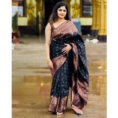 Mayawye Women's Soft Litchi Silk Jacquard Work Saree With Unstitched Blouse 5.5Mtr (Black)