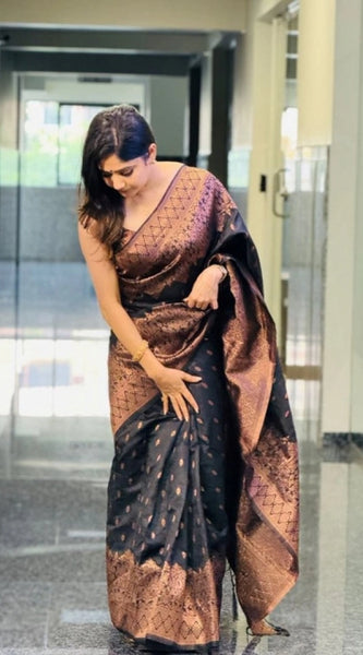 Mayawye Women's Soft Litchi Silk Jacquard Work Saree With Unstitched Blouse 5.5Mtr (Black)