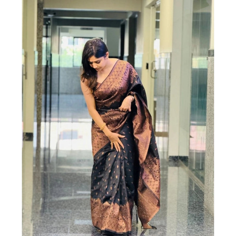 Mayawye Women's Soft Litchi Silk Jacquard Work Saree With Unstitched Blouse 5.5Mtr (Black)