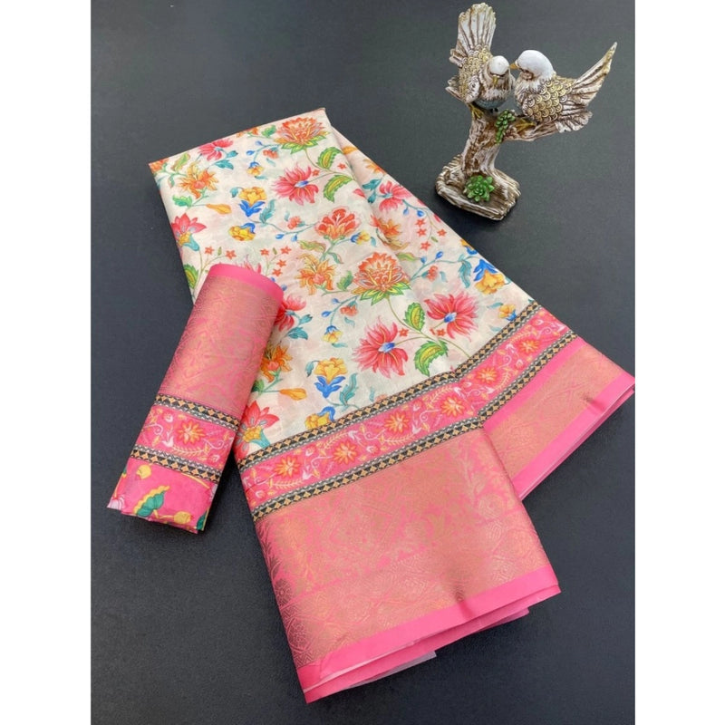 Mayawye Women's Soft Dola Cotton Printed Saree With Unstitched Blouse 5.5Mtr (Pink)
