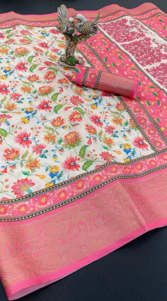 Mayawye Women's Soft Dola Cotton Printed Saree With Unstitched Blouse 5.5Mtr (Pink)