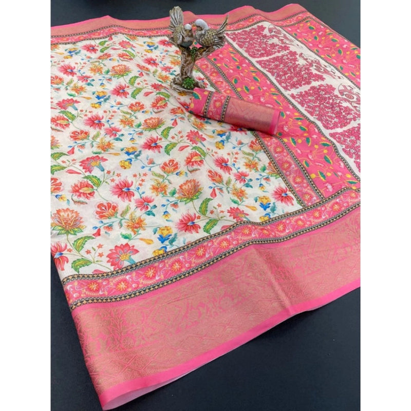 Mayawye Women's Soft Dola Cotton Printed Saree With Unstitched Blouse 5.5Mtr (Pink)