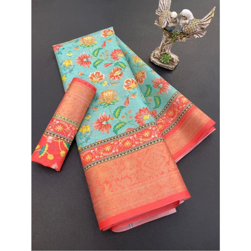 Mayawye Women's Soft Dola Cotton Printed Saree With Unstitched Blouse 5.5Mtr (Green)