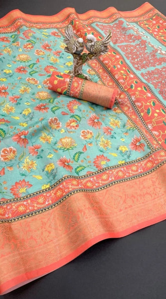 Mayawye Women's Soft Dola Cotton Printed Saree With Unstitched Blouse 5.5Mtr (Green)
