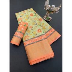 Mayawye Women's Soft Dola Cotton Printed Saree With Unstitched Blouse 5.5Mtr (Orange)