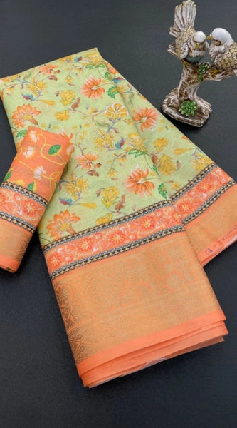 Mayawye Women's Soft Dola Cotton Printed Saree With Unstitched Blouse 5.5Mtr (Orange)