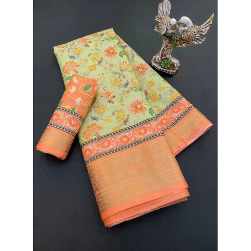 Mayawye Women's Soft Dola Cotton Printed Saree With Unstitched Blouse 5.5Mtr (Orange)