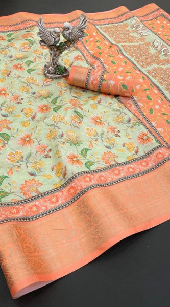 Mayawye Women's Soft Dola Cotton Printed Saree With Unstitched Blouse 5.5Mtr (Orange)