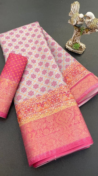 Mayawye Women's Soft Dola Cotton Printed Saree With Unstitched Blouse 5.5Mtr (Pink)