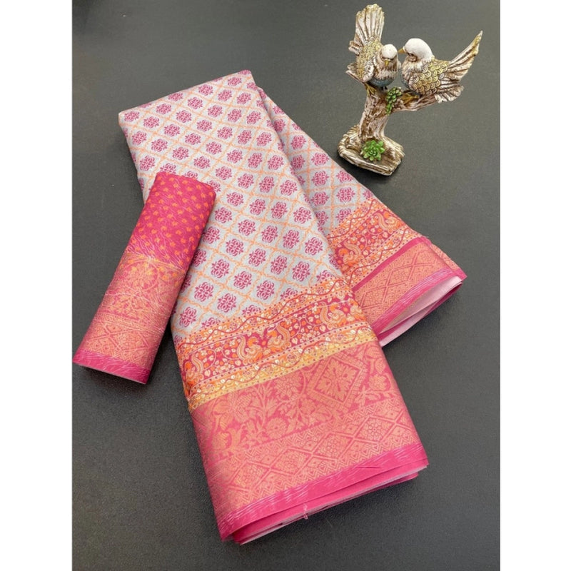 Mayawye Women's Soft Dola Cotton Printed Saree With Unstitched Blouse 5.5Mtr (Pink)